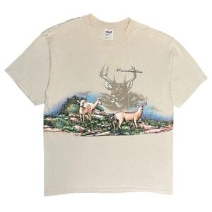 Vintage 90s Deer Nature Animal Massanutten Wrap Around All Over Print Shirt Tan